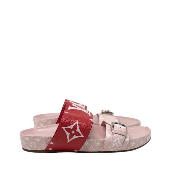 Louis Vuitton Bom Dia Monogram Canvas Flat Slide Sandals Pink Red Size 37 - Picture 2 of 12